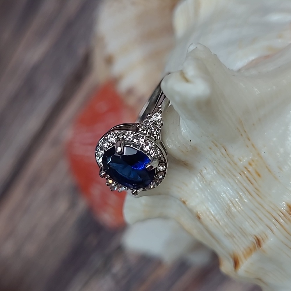 NEW SILVER CREATED BLUE SAPPHIRE & ZIRCON RING - Picture 2 of 9